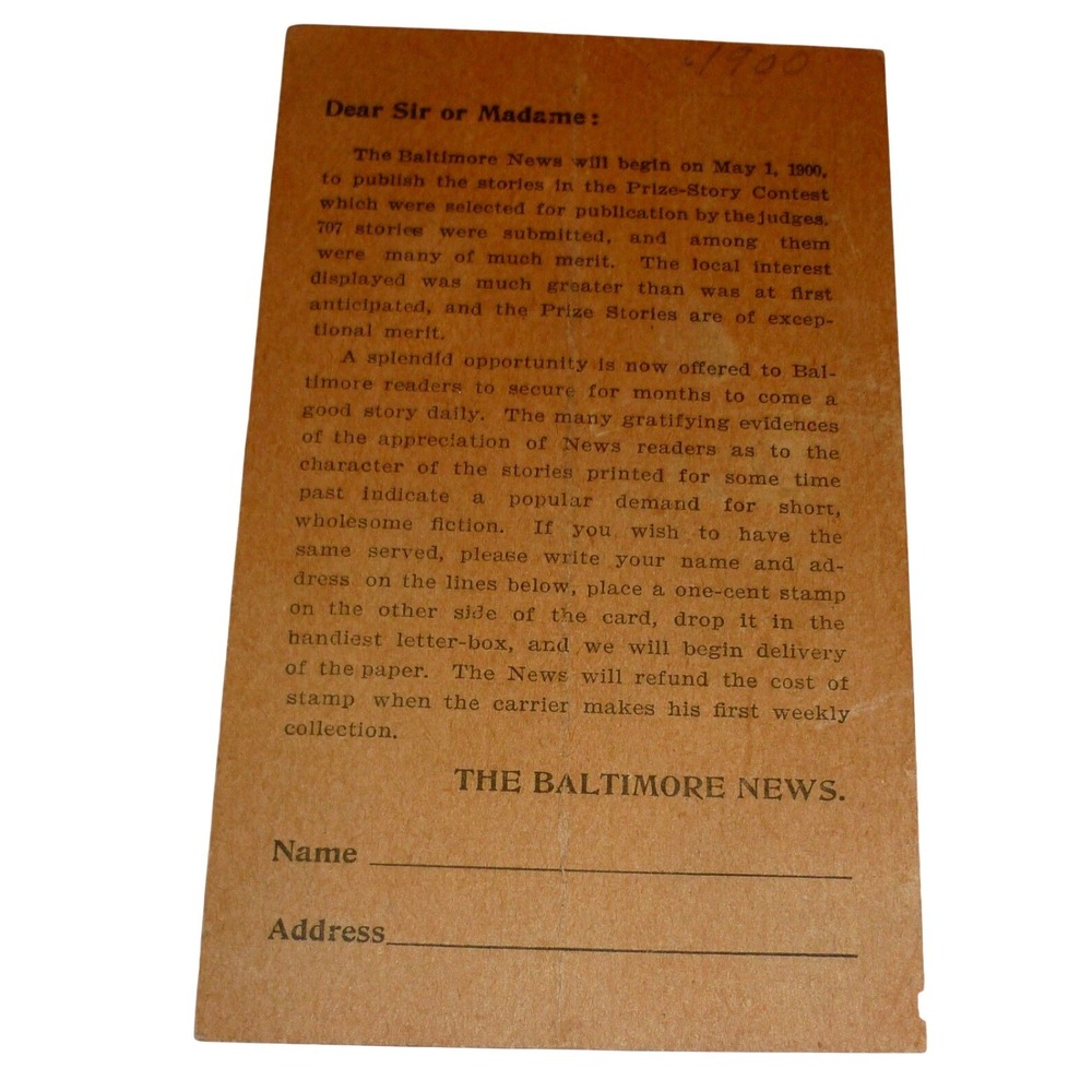 Antique 1900 Baltimore News Private Mailing Card Newspaper Subscription Ad MD